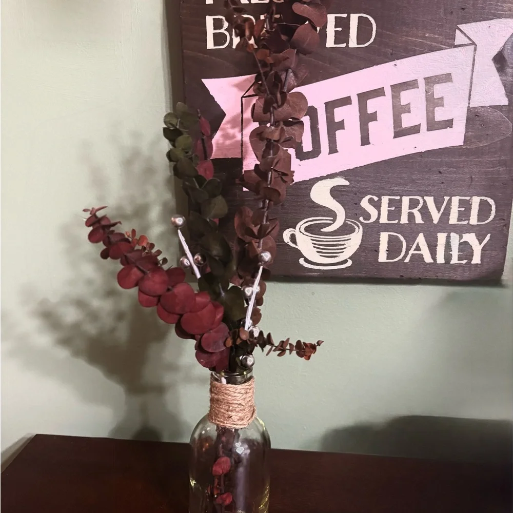 Rustic Glass Vase with Burgundy Accents, Handmade Cottagecore Modern Farmhouse